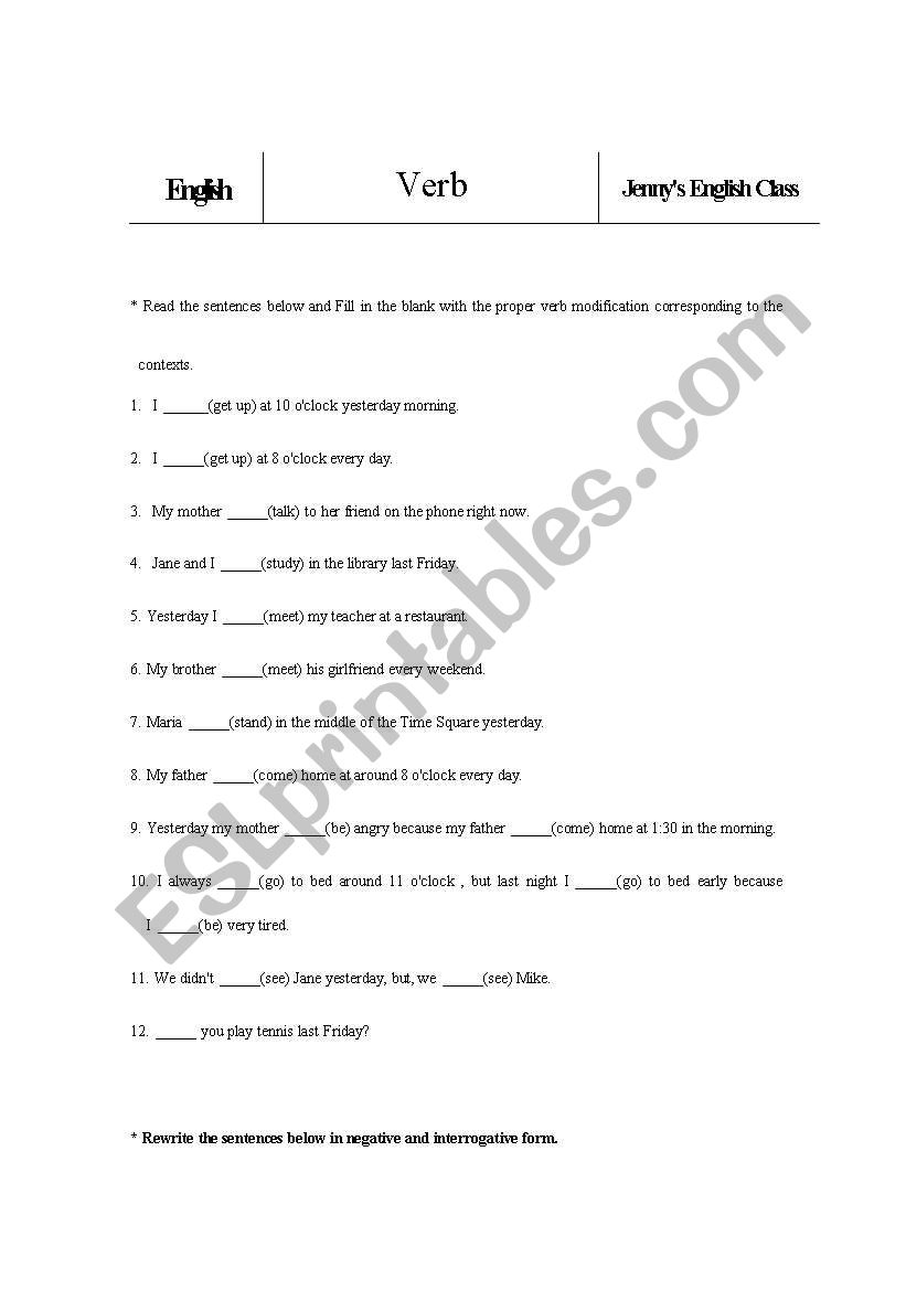 Verb tense worksheet