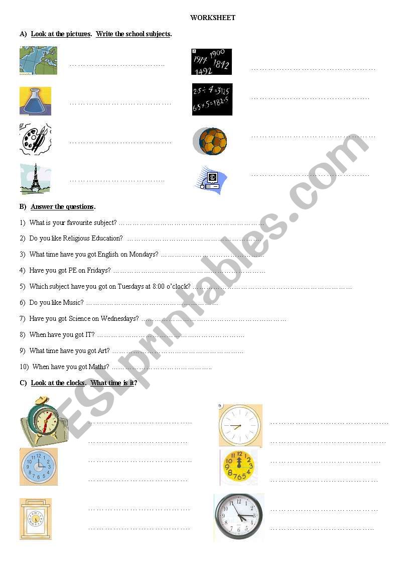 School subjects _ Time worksheet