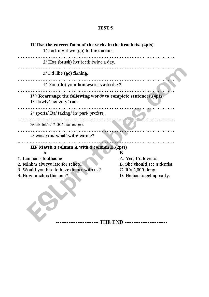 Test 5 worksheet