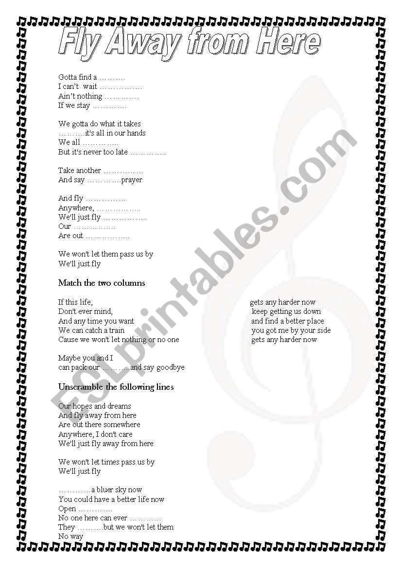 Aerosmith Fly Away From Here Lyric Included Esl Worksheet By Nanro