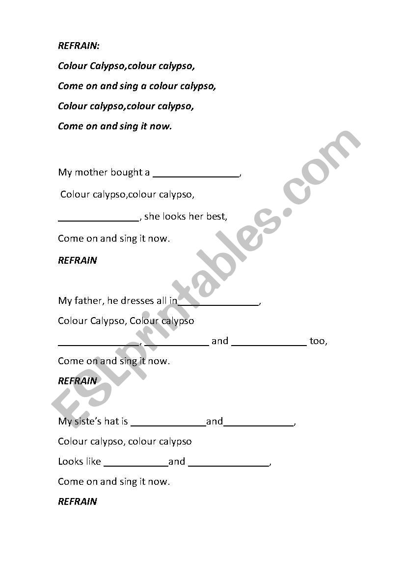 the song -Colour Calipso worksheet