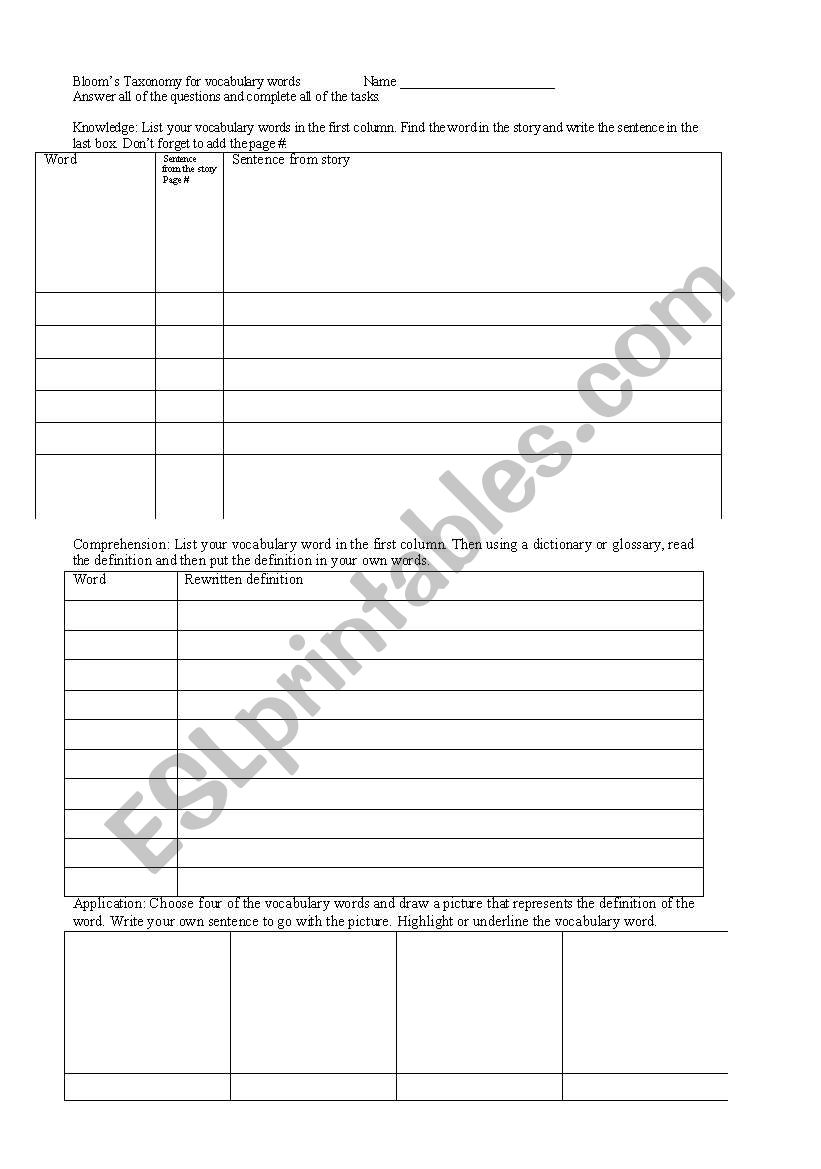 Blooms Vocabulary Study worksheet