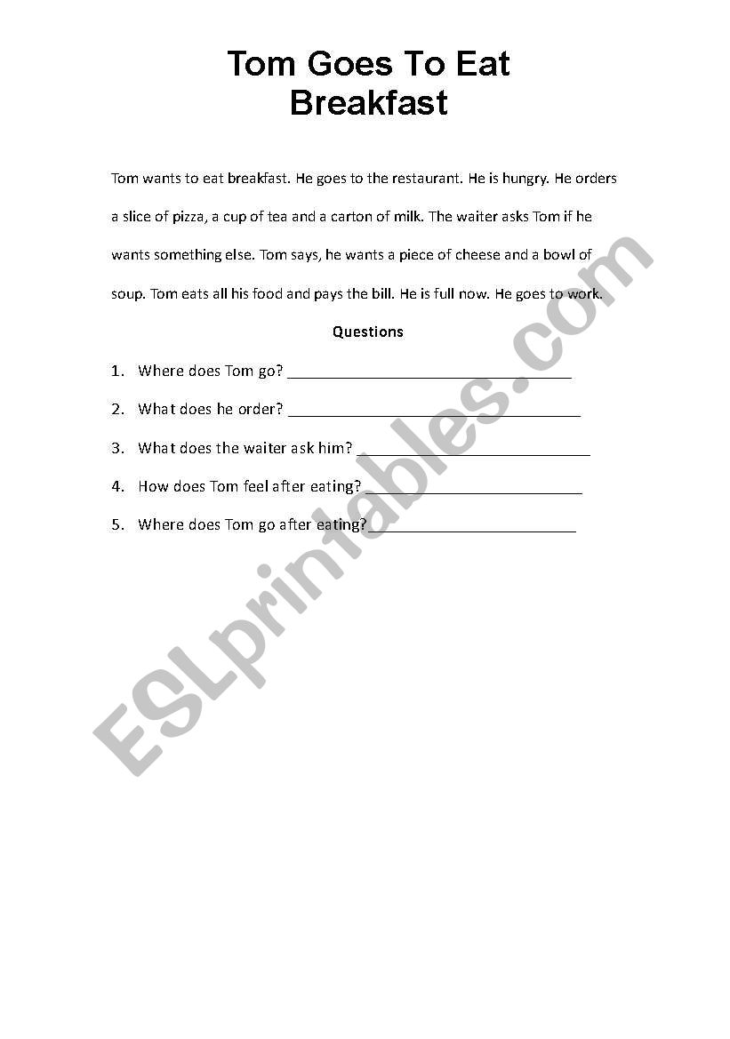 Tom Goes To Eat Breakfast worksheet