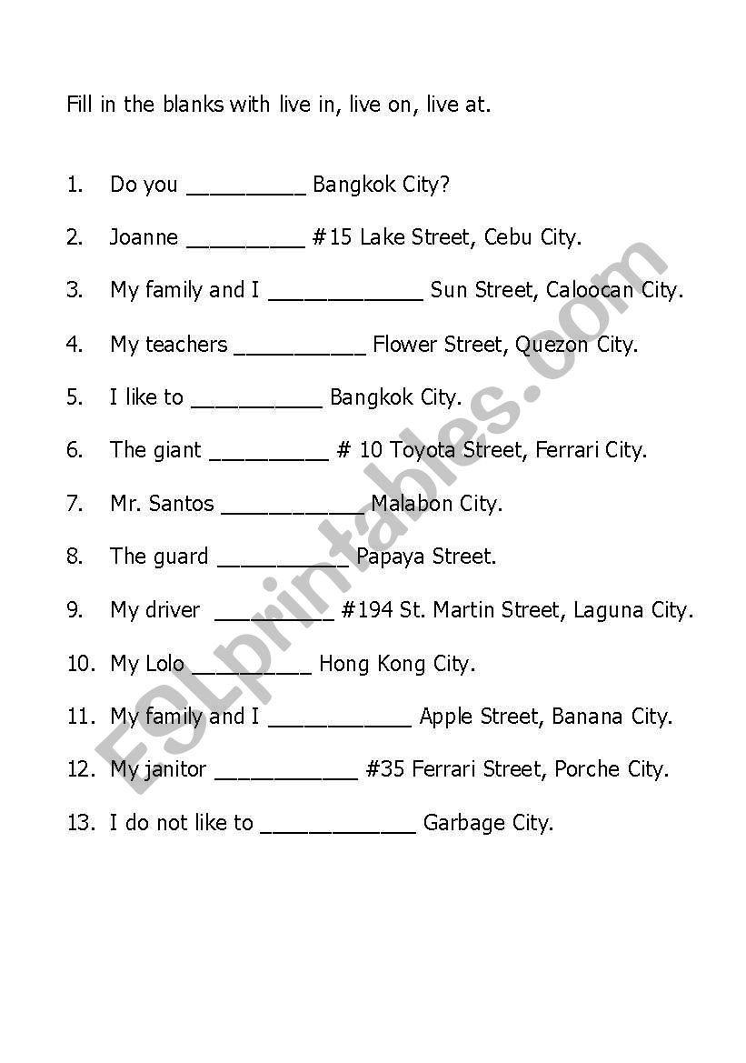 Live AT ON IN ESL Worksheet By Cristina lu