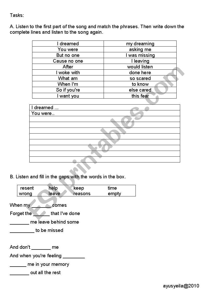 A SONG ACTIVITY worksheet