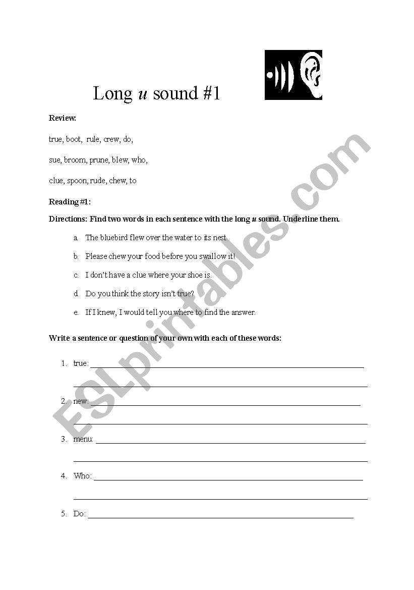 english worksheets long vowels u