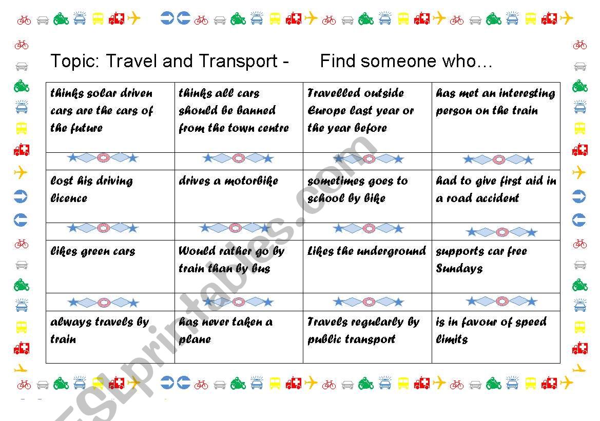 Bingo _ Travel and Transport worksheet