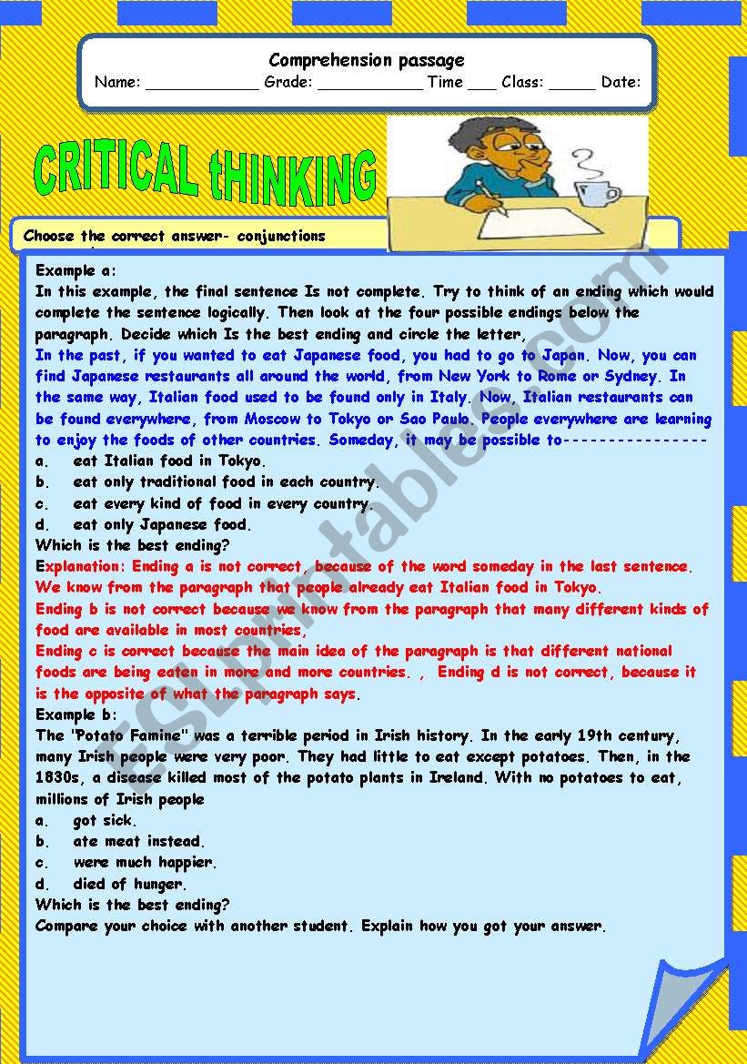 critical thinking skills worksheet answer key