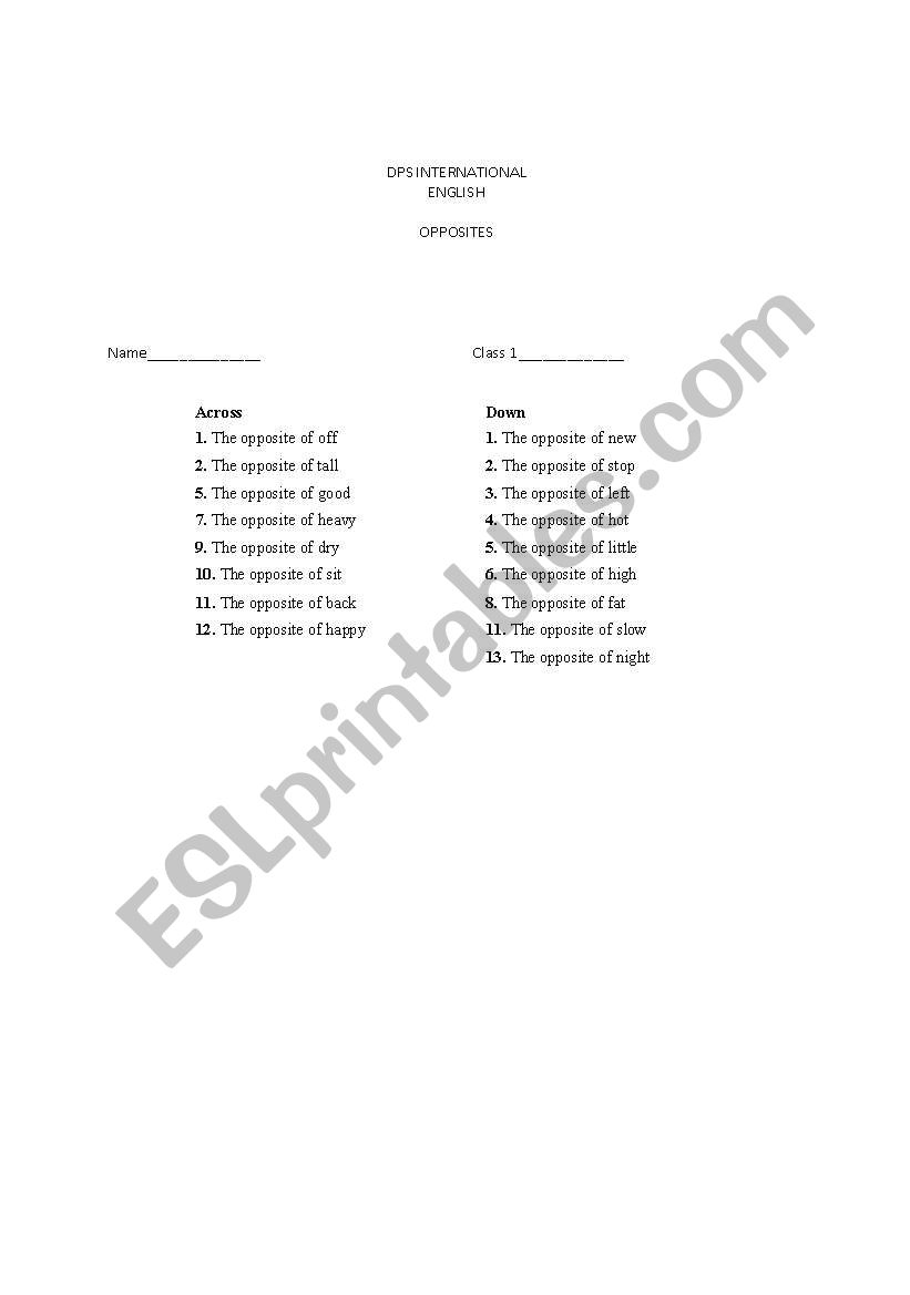 opposites worksheet