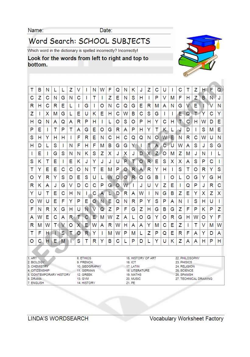 WORDSEARCH: CLASSROOM SUBJECTS
