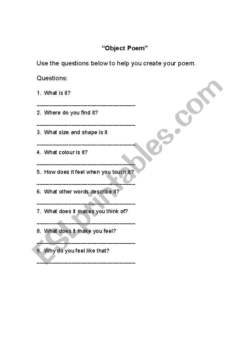 Object poem worksheet