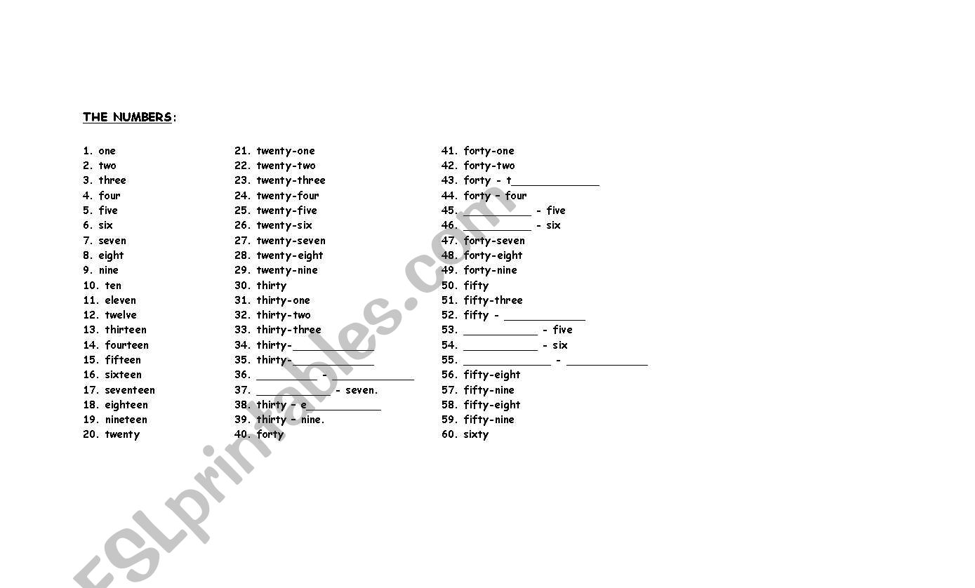 English worksheets: Numbers from 1 to 60