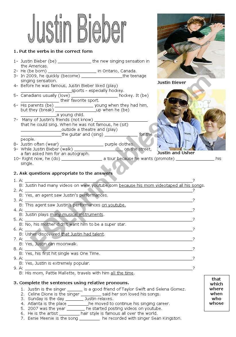 One time by Justin Bieber: English ESL worksheets pdf & doc