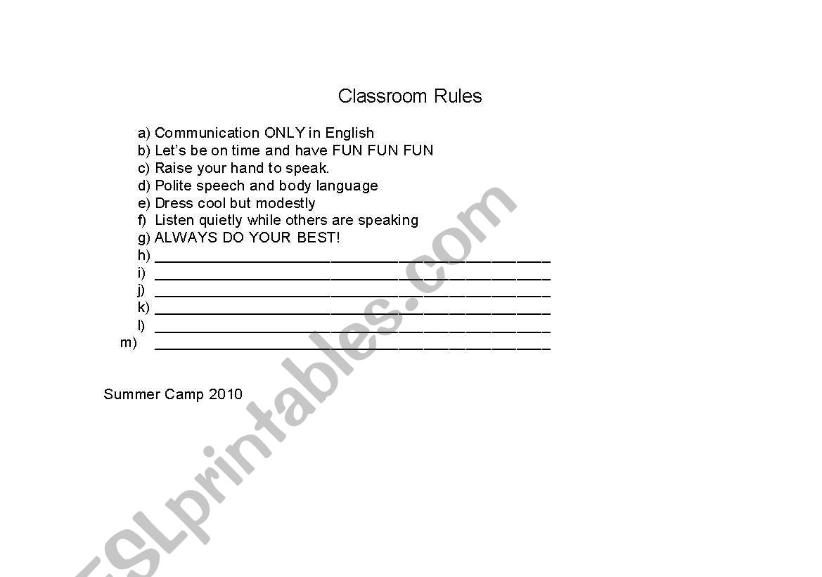 Day 1 Classroom rules - Discuss + agree edit if required