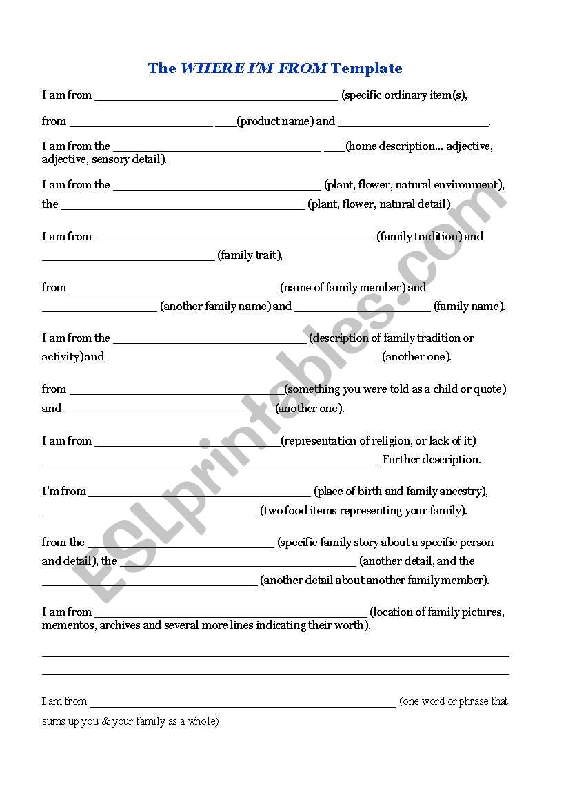 English Worksheets Where I m From Poem Template