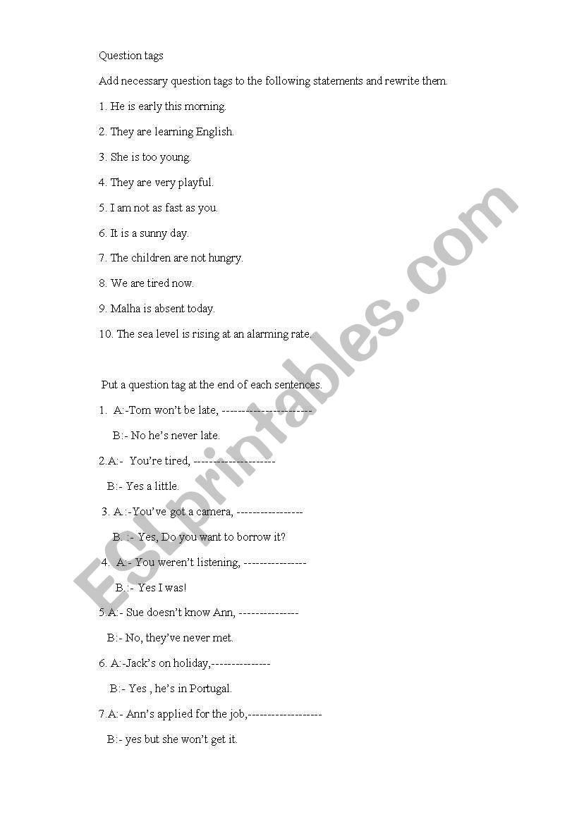 question tags worksheet