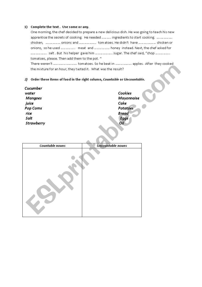 Countables and uncountables  worksheet