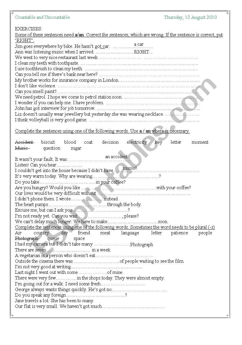 countables and uncountables nouns