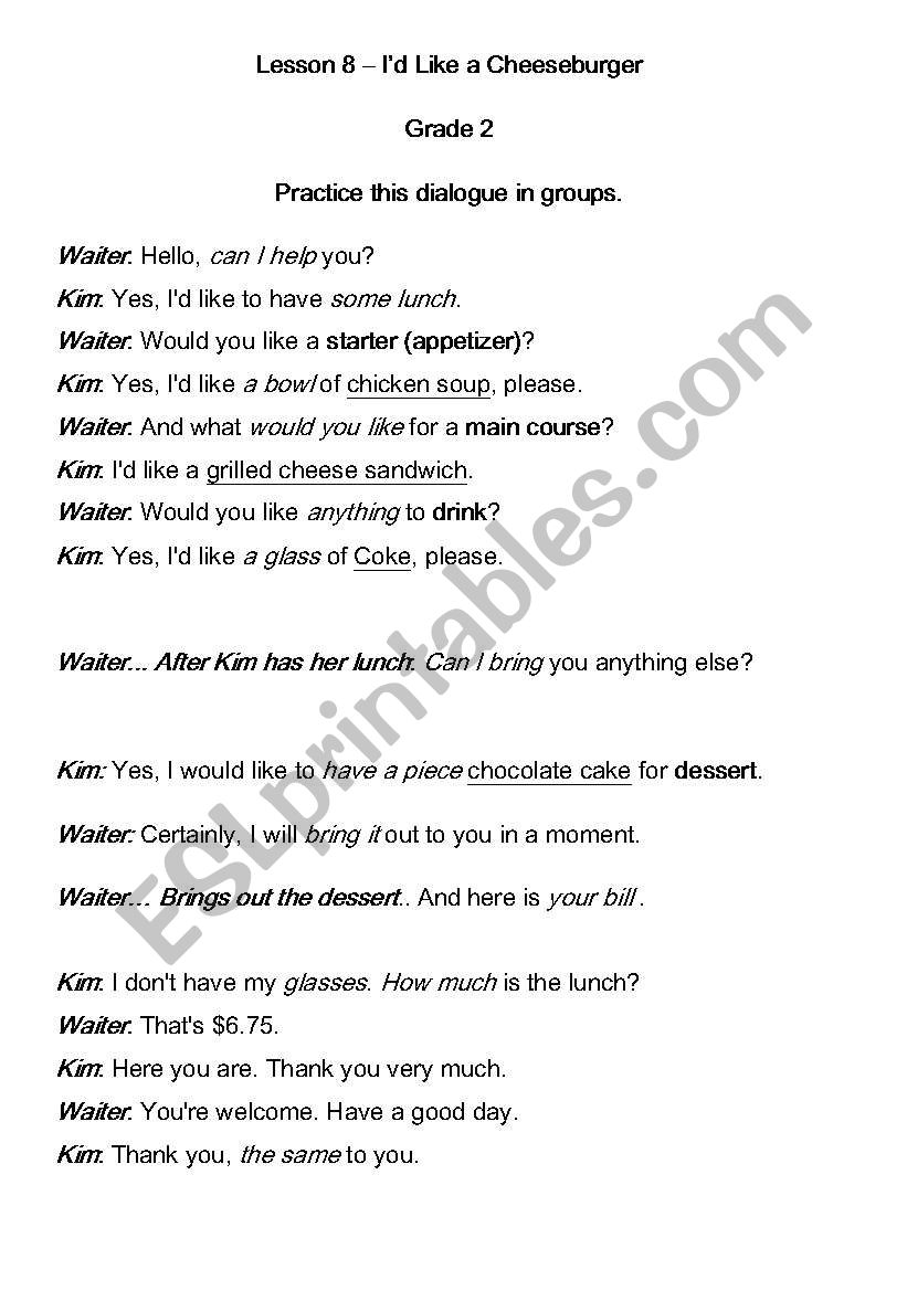 Menu Dialogue worksheet