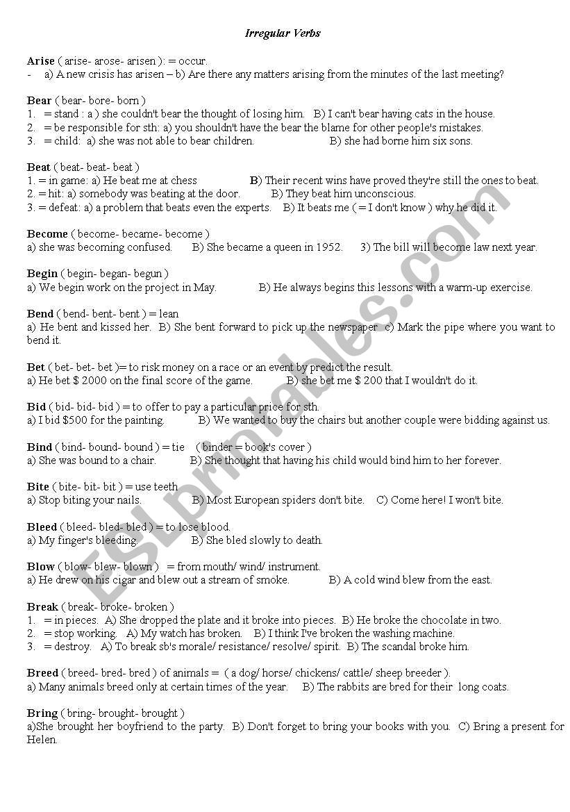 some of the irregular verbs worksheet