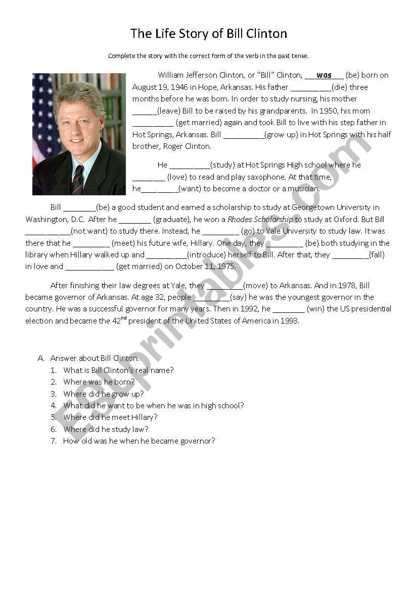 Past Tense/Irregular Verbs -- The Life Story of Bill Clinton