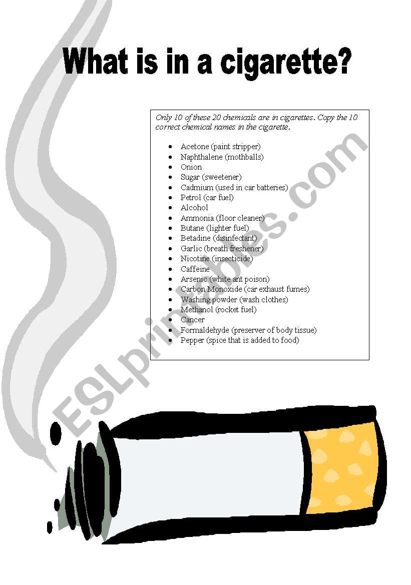 what is in a cigarette? worksheet