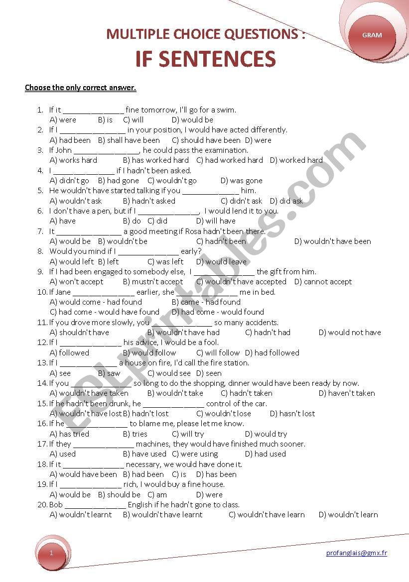 Multiple Choice Questions IF SENTENCES ESL Worksheet By Pipof