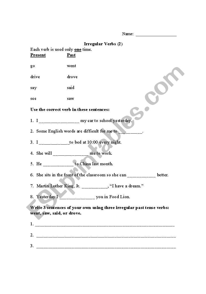 English Worksheets Irregular Past Tense Verbs Go Say Drive See