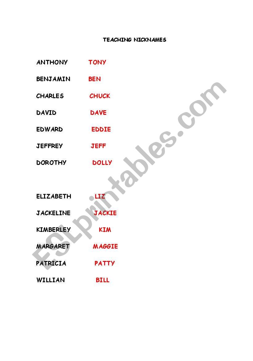 teaching nicknames worksheet