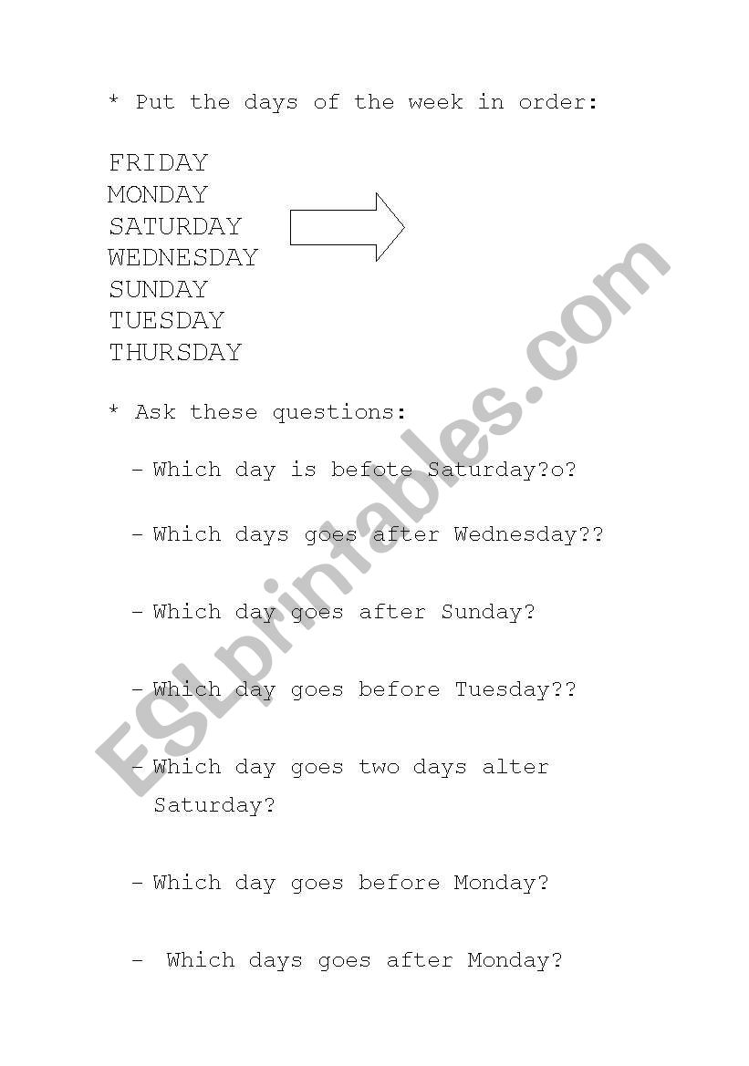 days of the week worksheet