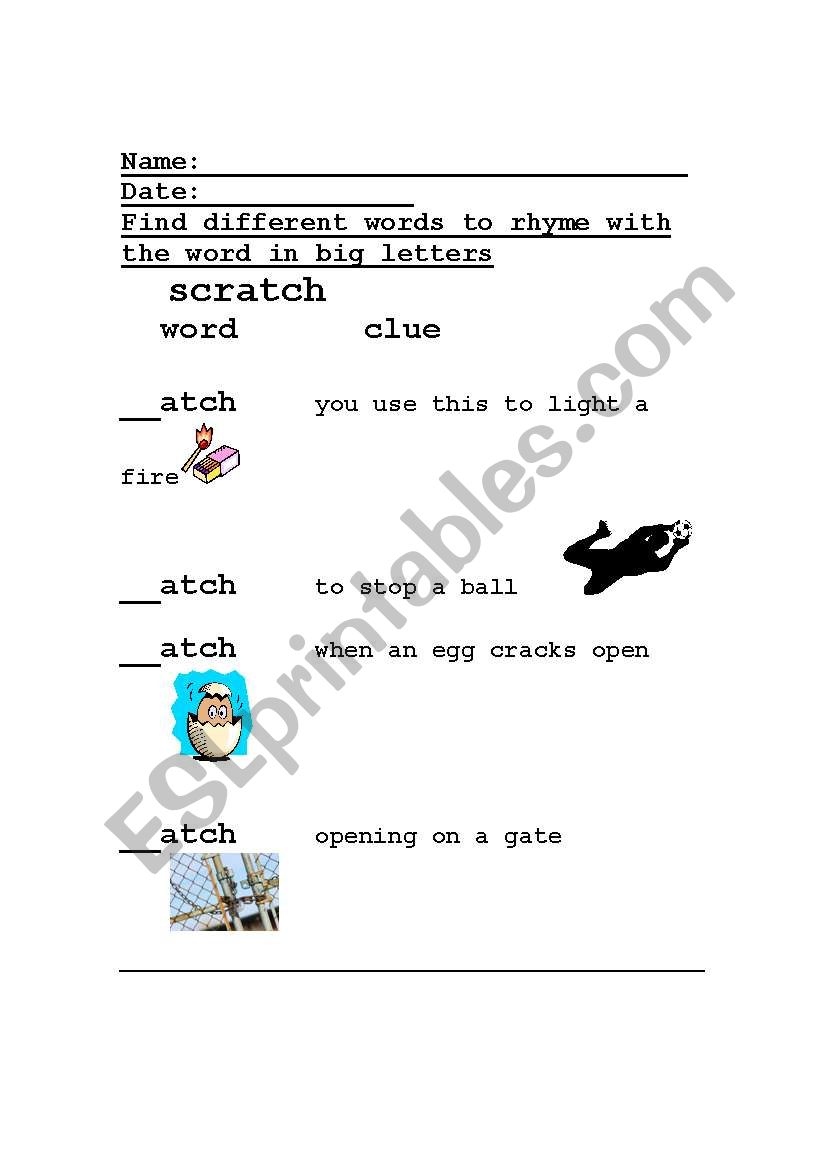 Rhyming words for snatch worksheet
