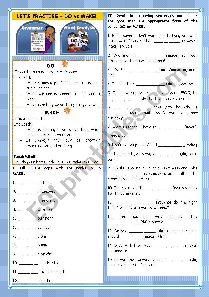 LET´S PRACTISE : DO vs MAKE! - ESL worksheet by teresapr