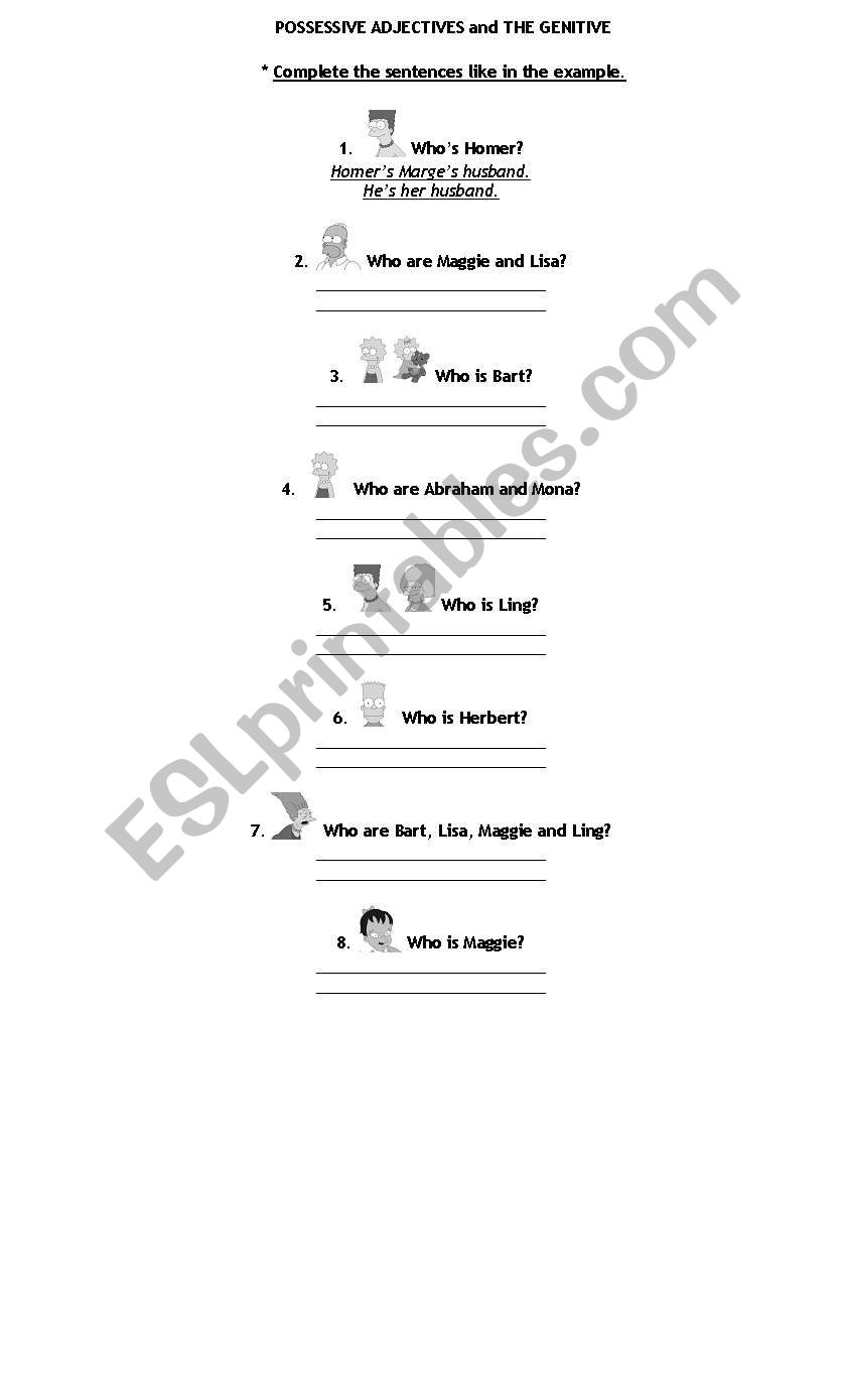 English Worksheets POSSESSIVE ADJ GENITIVE with THE SIMPSONS 