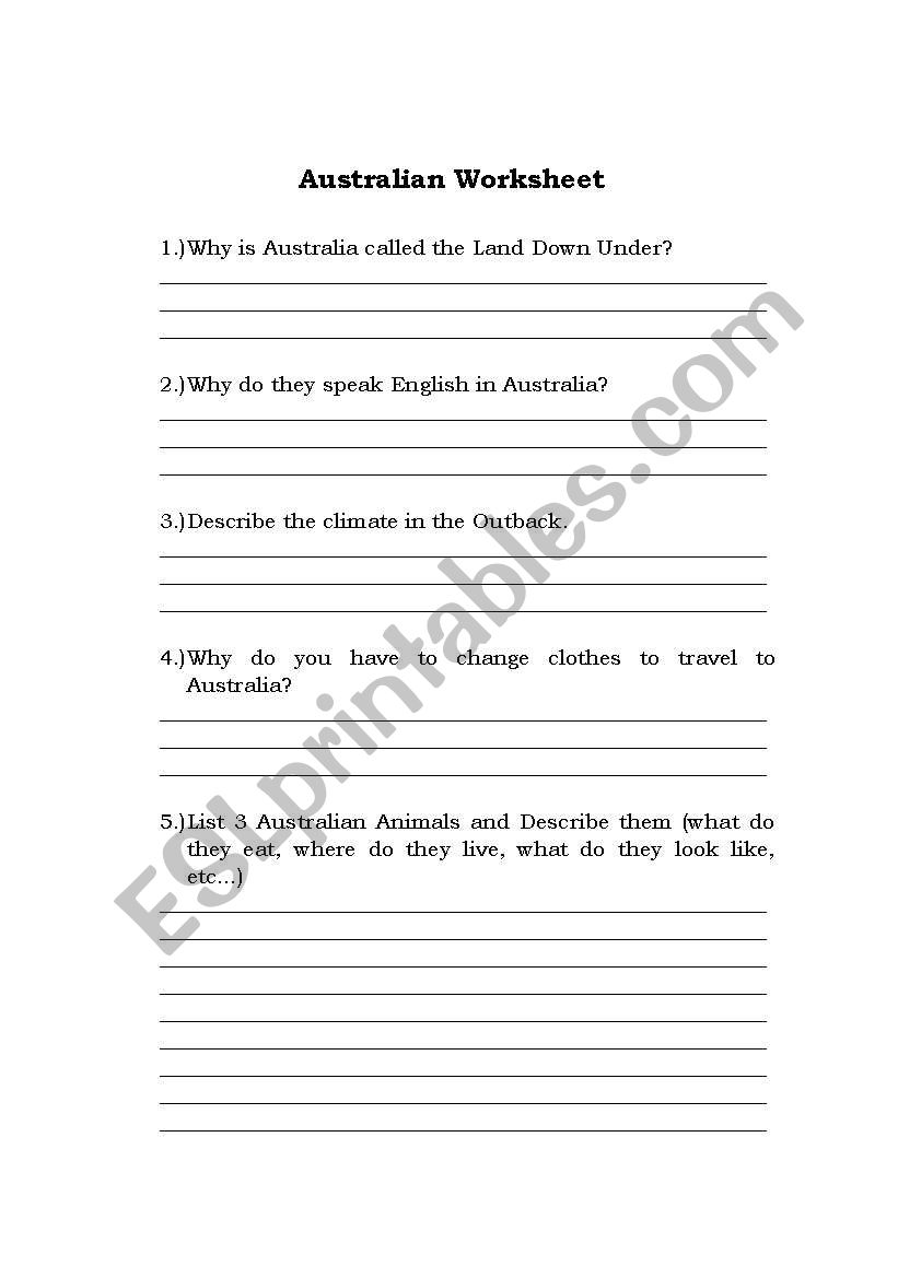 Australian Worksheet/Essay/Test