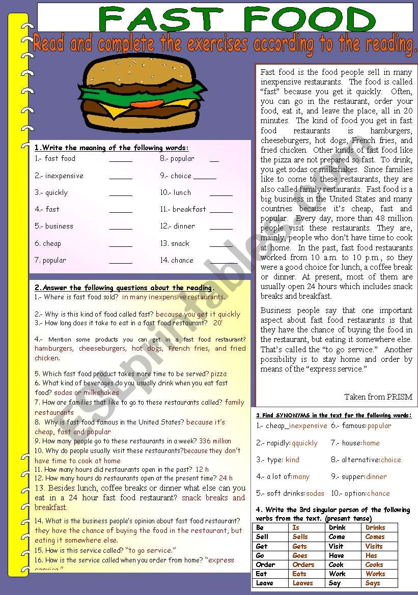 Fast Food B W Version With Answer Key Esl Worksheet By Nechi