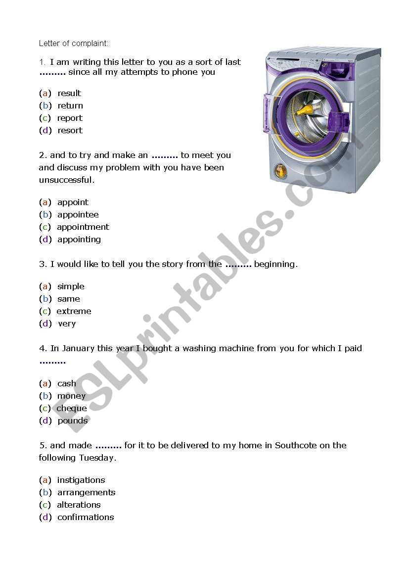 A letter of complaint worksheet