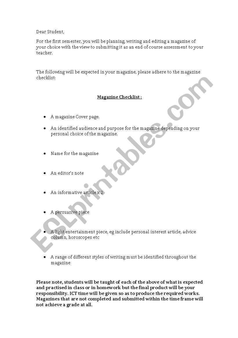 magazine checklist worksheet