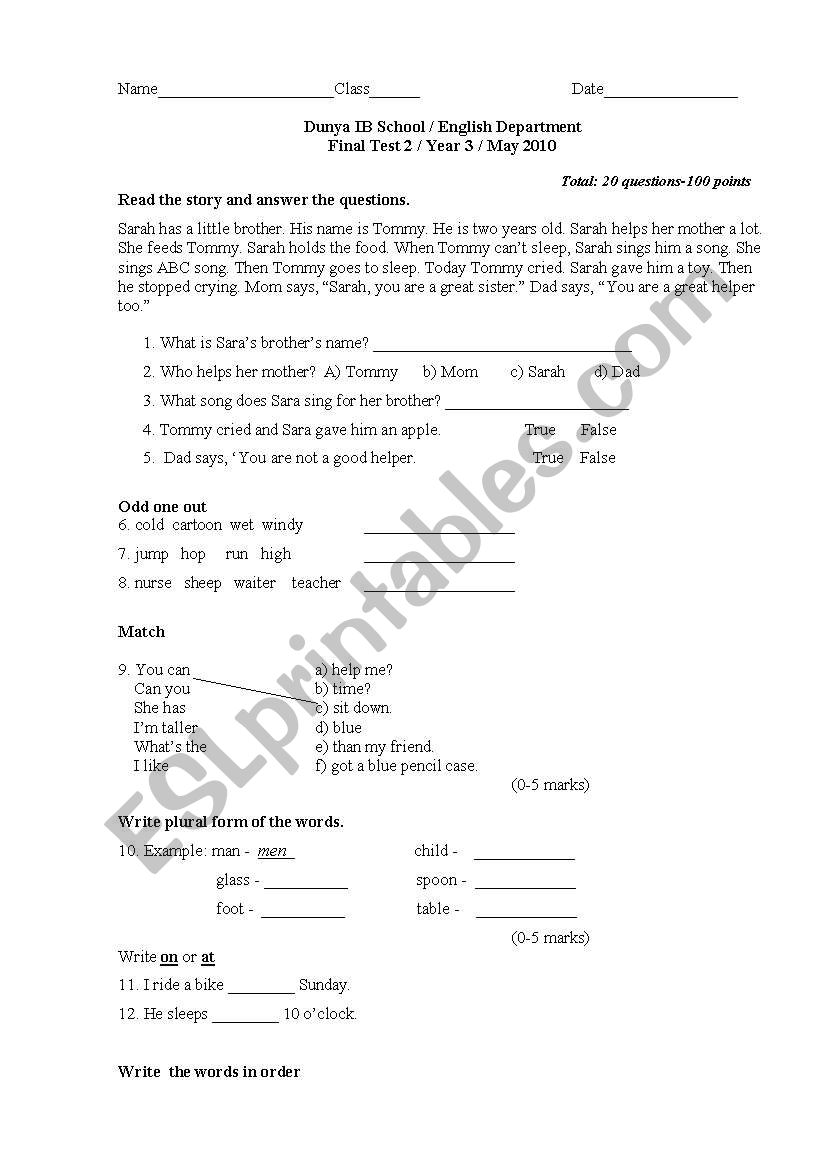 Reading and Grammar test worksheet