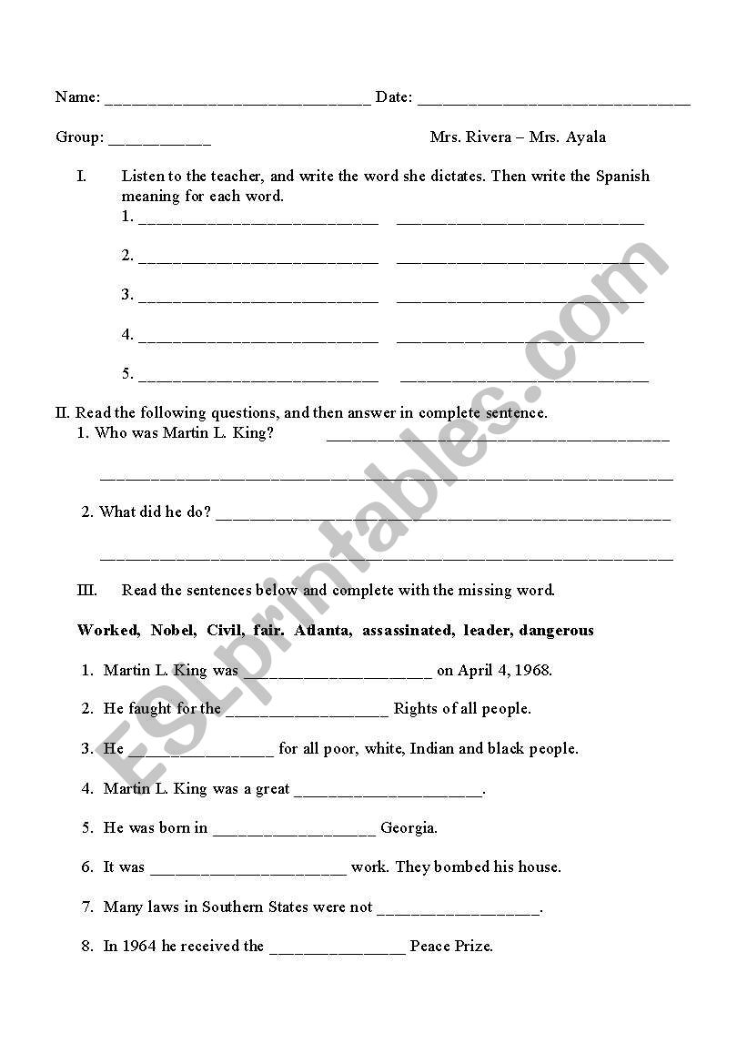 Martim L. King Jr. test worksheet