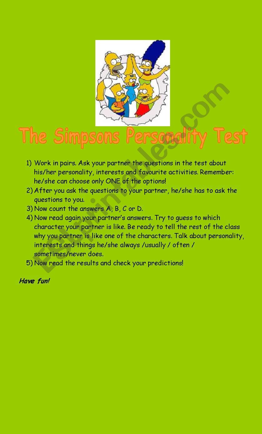 The Simpsons Personality Test worksheet