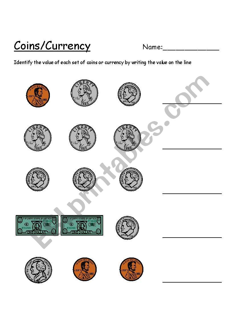 Value of coins/currency worksheet