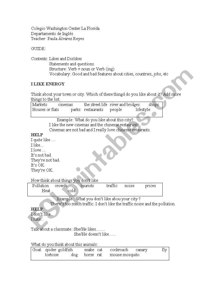 Likes and Dislikes worksheet