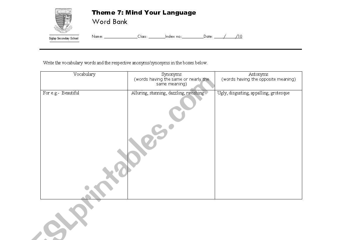 Word Bank for descriptive writing