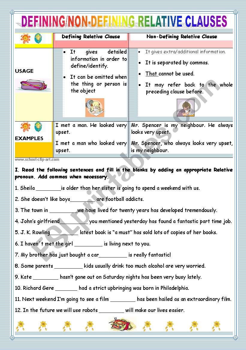 RELATIVE CLAUSES DEFINING NON DEFINING RELATIVE CLAUSES ESL 