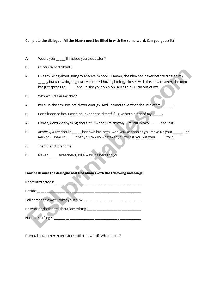 Mind expressions worksheet