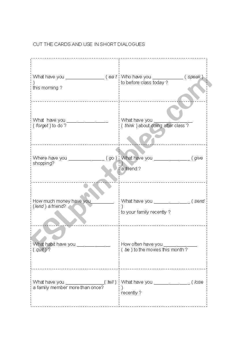 Cards for everything worksheet