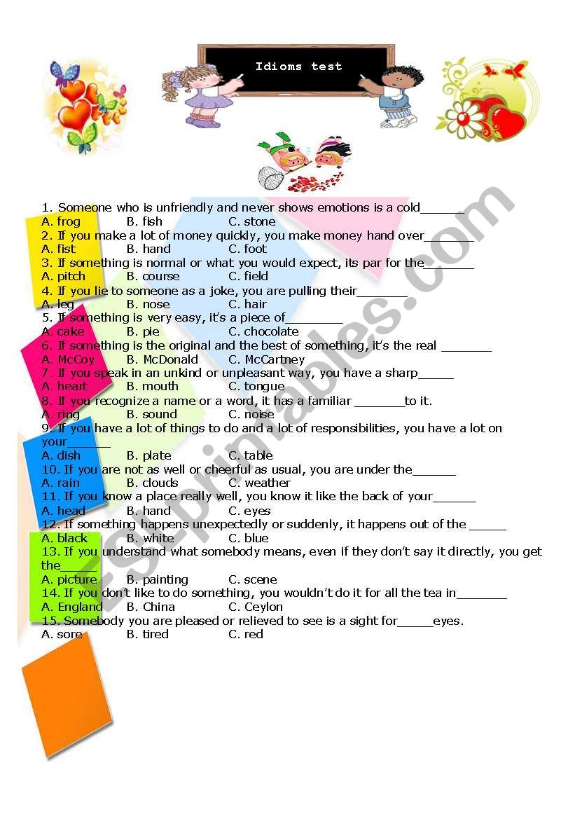 idioms test worksheet