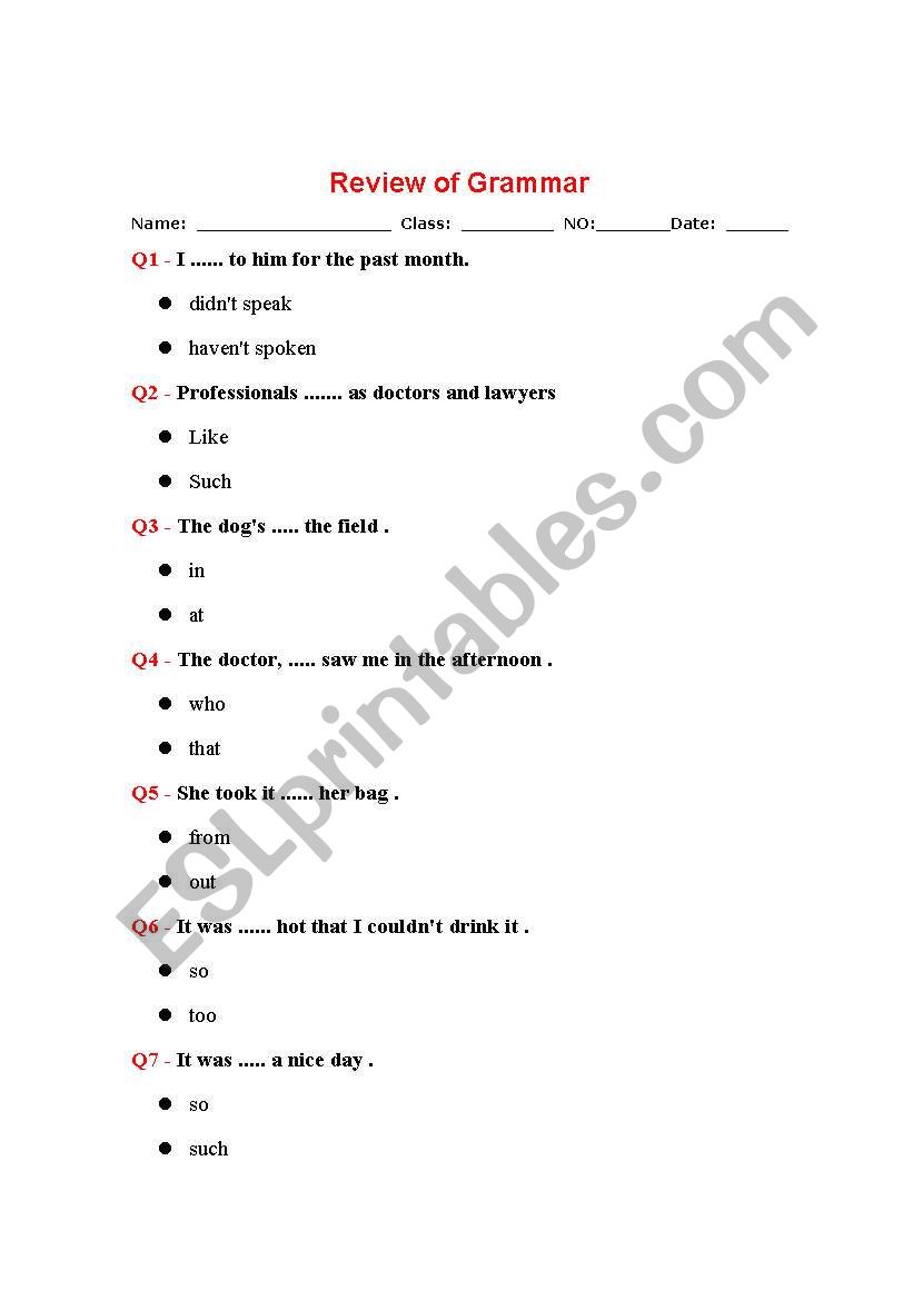 Review of grammar worksheet