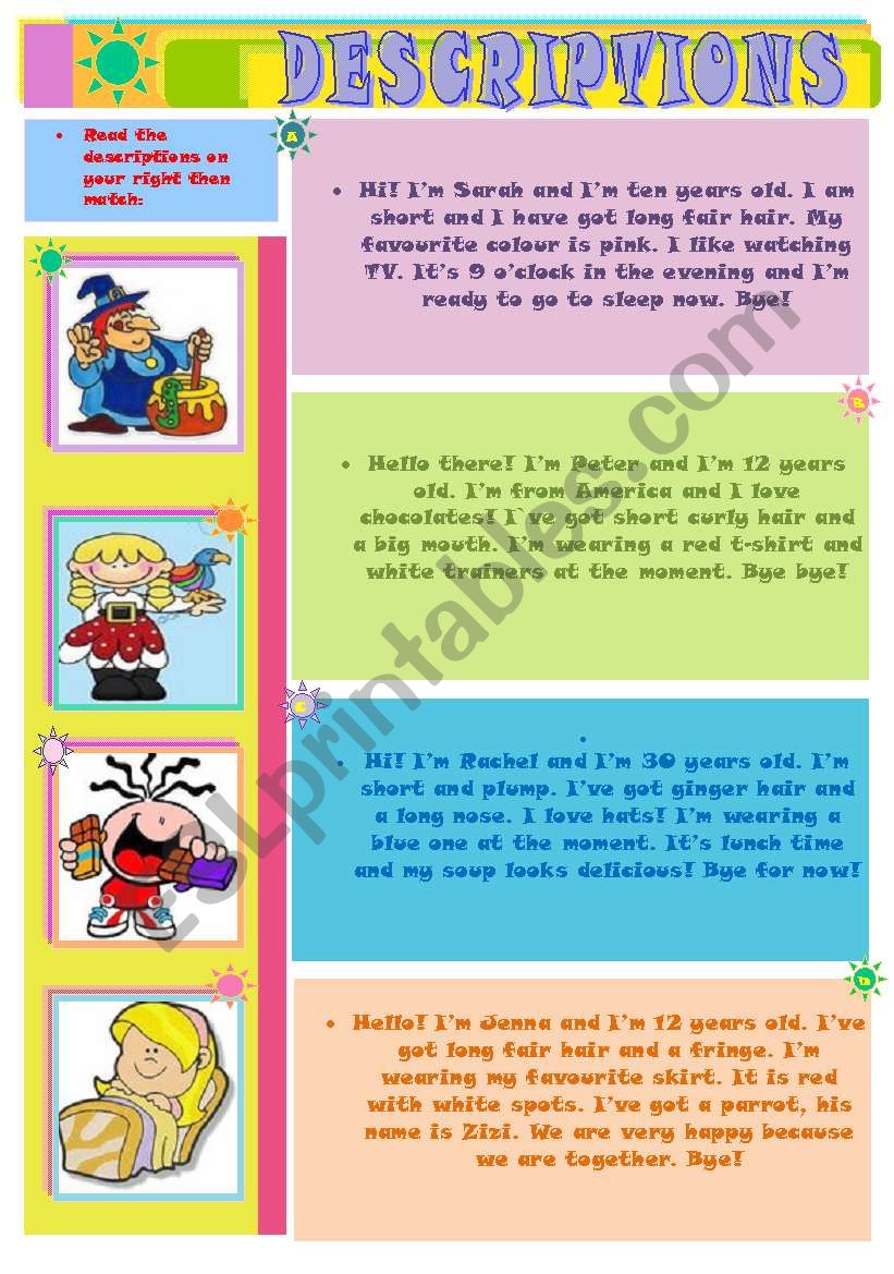 DESCRIPTIONS Matching Activity ESL Worksheet By Sa 89