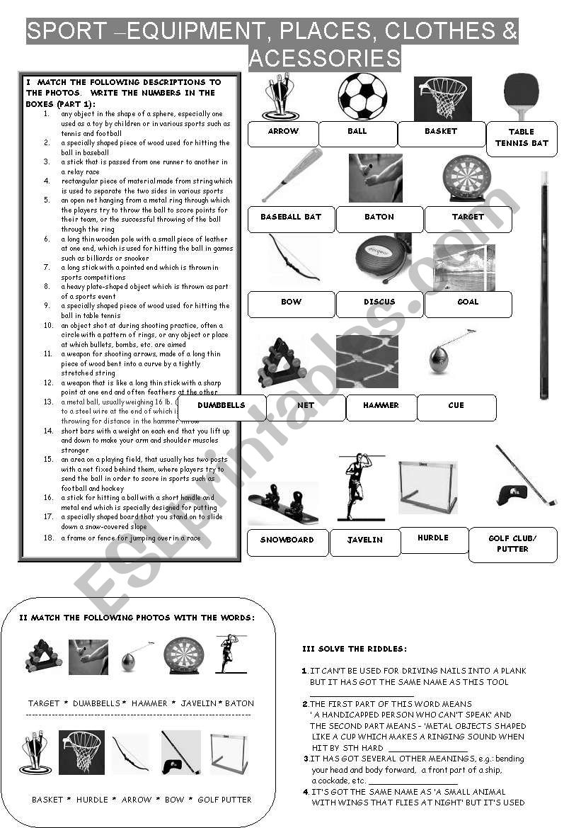 SPORT - EQUIPMENT, PLACES, CLOTHES & ACCESSORIES - 12 EXERCISES - ESL  worksheet by Carlota_24